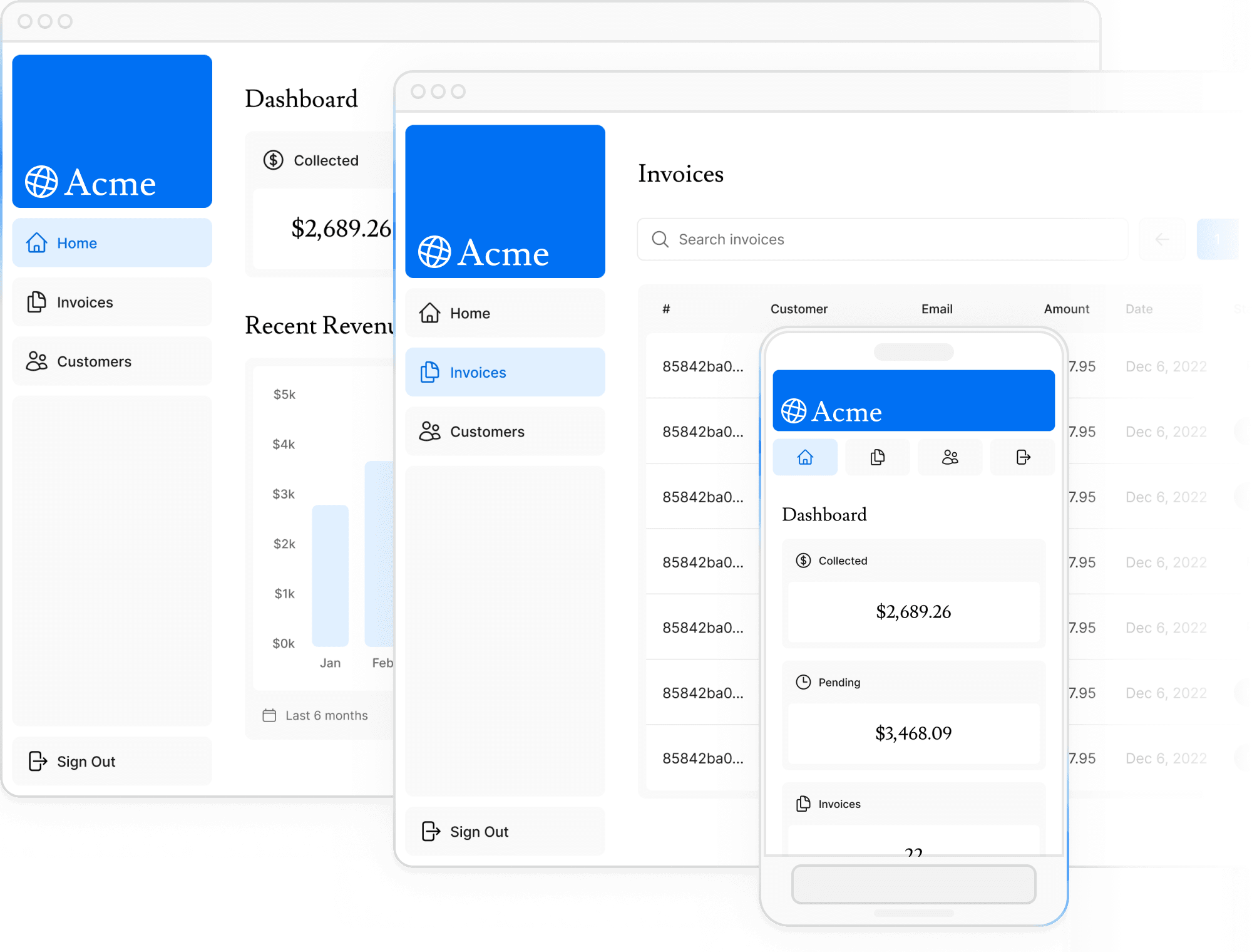 Screenshots of the dashboard project showing desktop vesion
